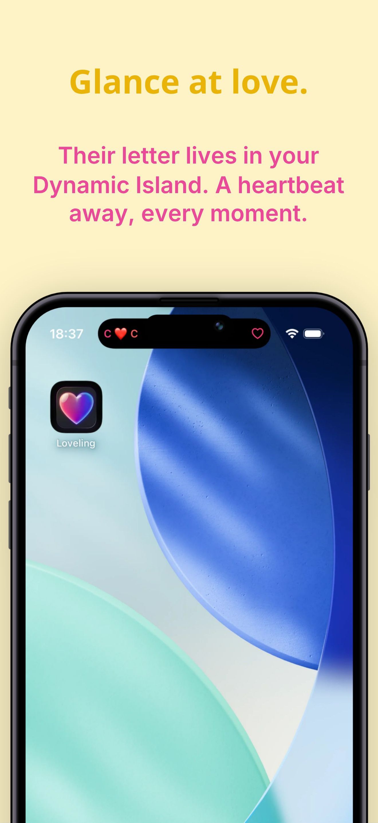 iPhone home screen showing Dynamic Island with Loveling displaying C heart C connection